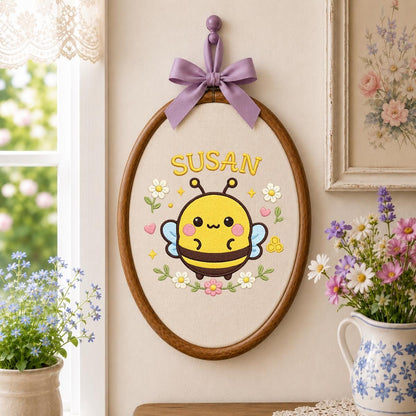 Personalized Embroidered Hoop Art, Bumble Bee Name Decor, Floral Baby Nursery Wall Sign