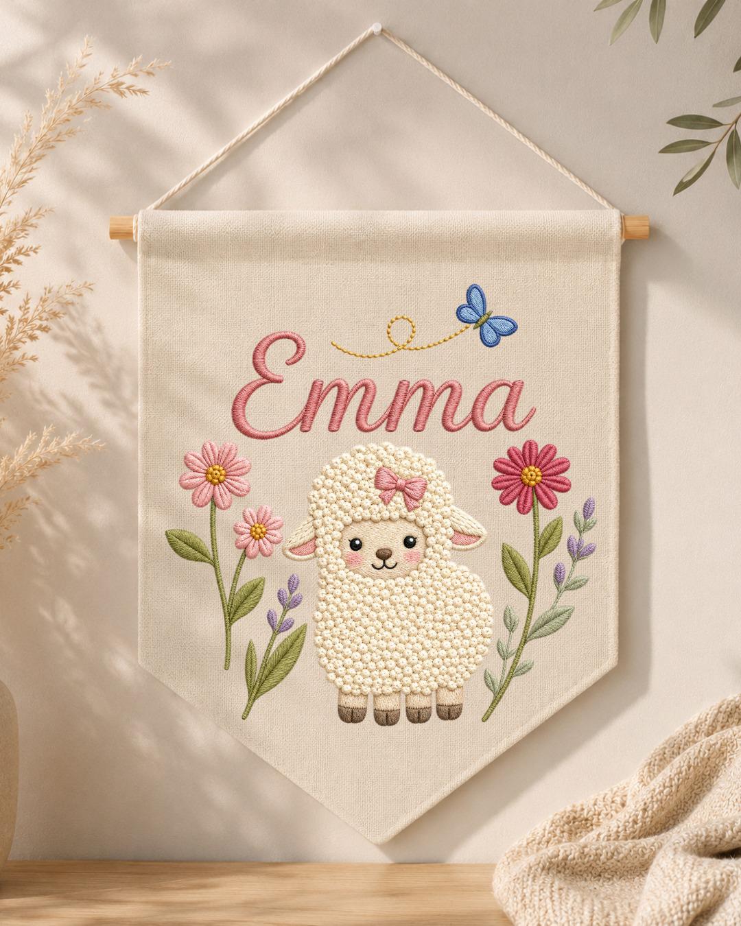 Personalized Lamb Nursery Wall Hanging, Custom Name Embroidered Banner, Floral Baby Girl Room Decor, Sheep Nursery Art, Baby Shower Gift
