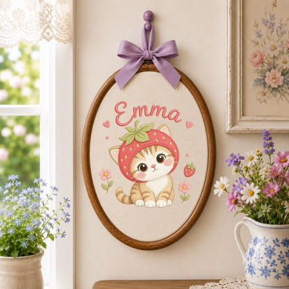 Personalized Embroidered Hoop Art, Strawberry Cat Nursery Decor, Custom Name Fabric Wall Art
