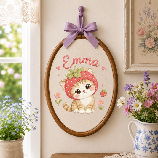 Personalized Embroidered Hoop Art, Strawberry Cat Nursery Decor, Custom Name Fabric Wall Art