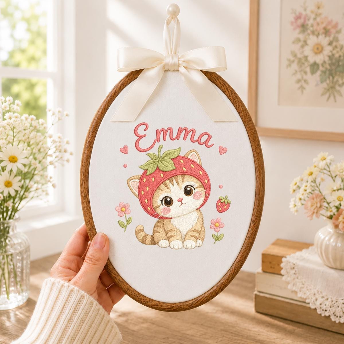 Personalized Embroidered Hoop Art, Strawberry Cat Nursery Decor, Custom Name Fabric Wall Art
