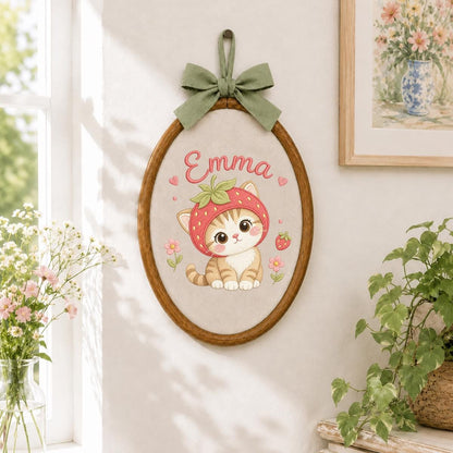 Personalized Embroidered Hoop Art, Strawberry Cat Nursery Decor, Custom Name Fabric Wall Art