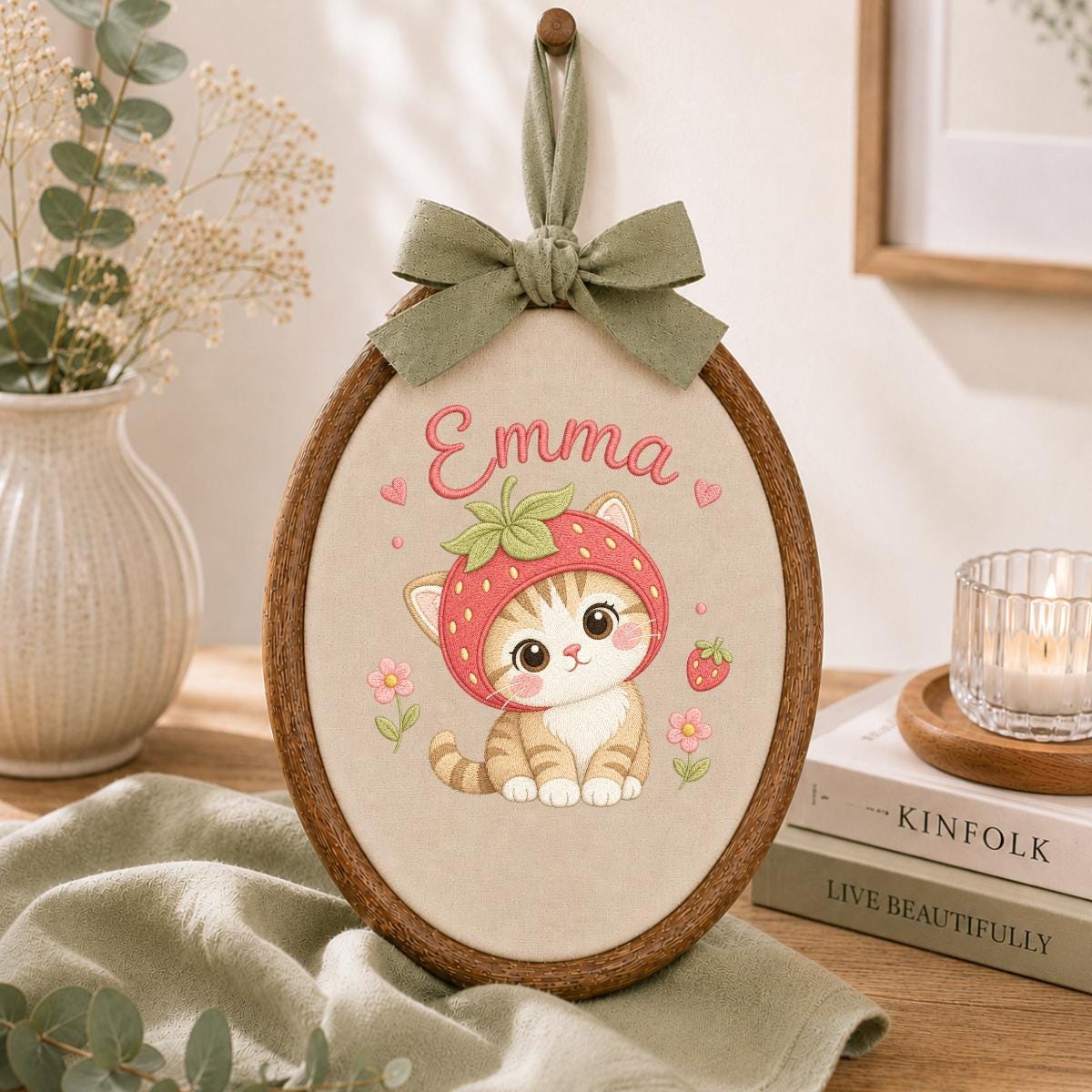 Personalized Embroidered Hoop Art, Strawberry Cat Nursery Decor, Custom Name Fabric Wall Art