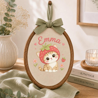 Personalized Embroidered Hoop Art, Strawberry Cat Nursery Decor, Custom Name Fabric Wall Art