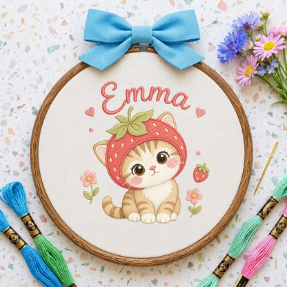 Personalized Embroidered Hoop Art, Strawberry Cat Nursery Decor, Custom Name Fabric Wall Art