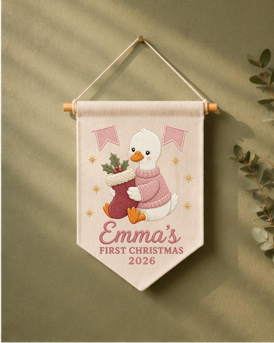 Personalized First Christmas Wall Hanging, Custom Name Embroidered Goose Banner, Baby Girl Christmas Nursery Decor, Newborn Keepsake Gift
