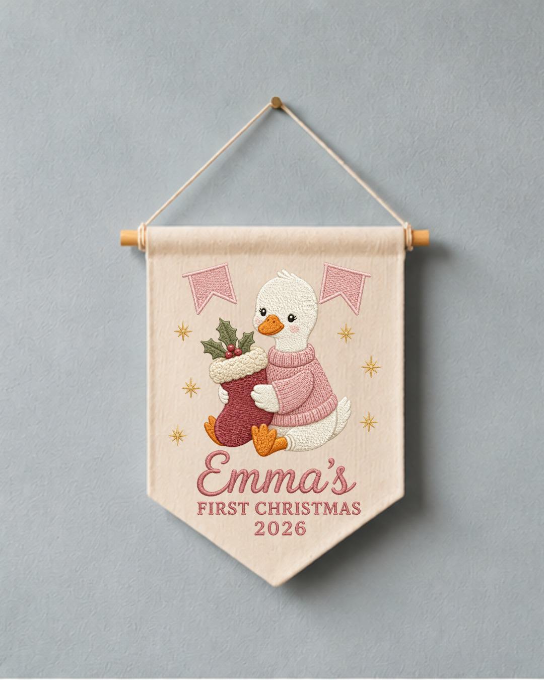 Personalized First Christmas Wall Hanging, Custom Name Embroidered Goose Banner, Baby Girl Christmas Nursery Decor, Newborn Keepsake Gift