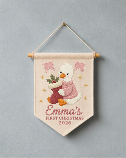 Personalized First Christmas Wall Hanging, Custom Name Embroidered Goose Banner, Baby Girl Christmas Nursery Decor, Newborn Keepsake Gift