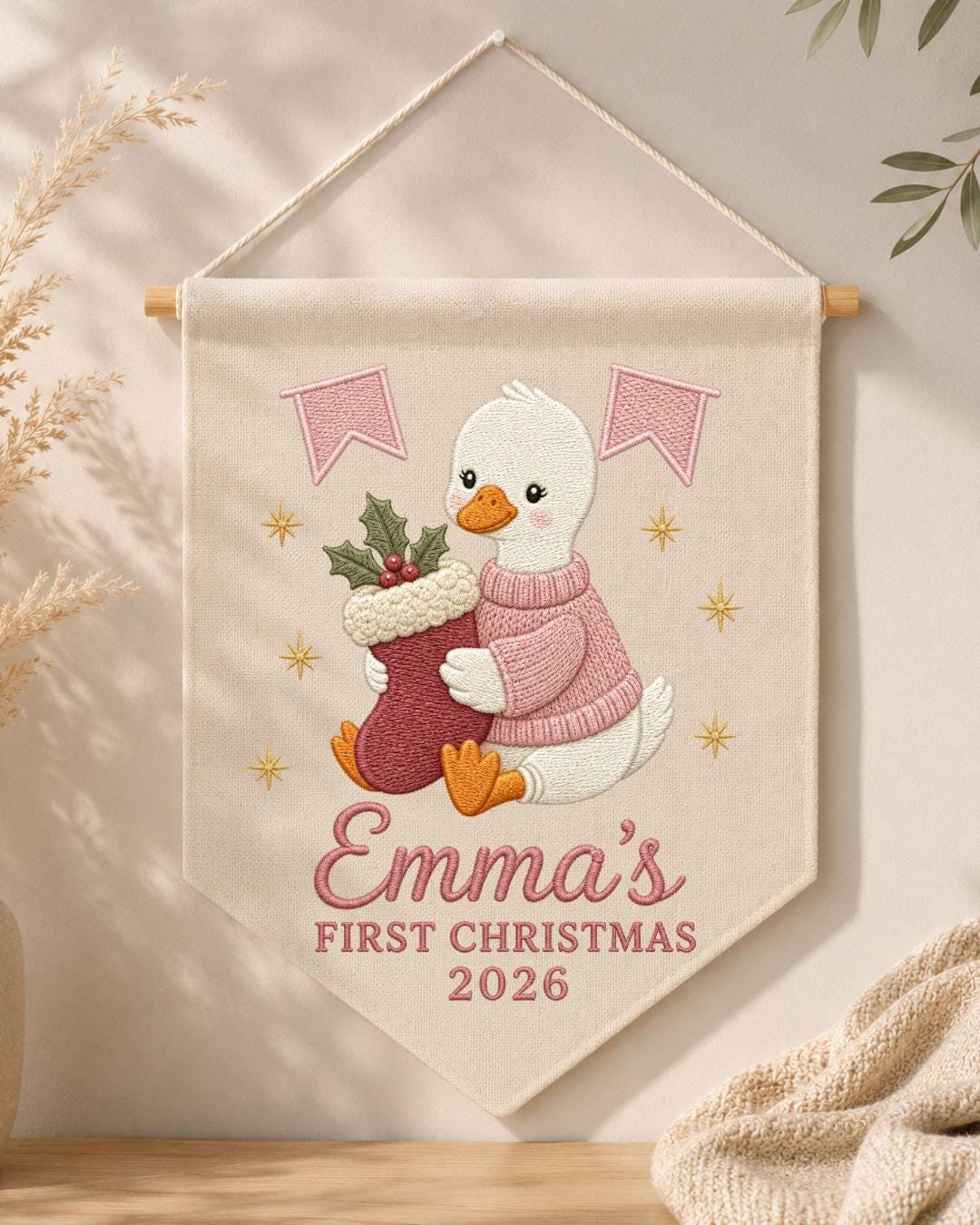 Personalized First Christmas Wall Hanging, Custom Name Embroidered Goose Banner, Baby Girl Christmas Nursery Decor, Newborn Keepsake Gift