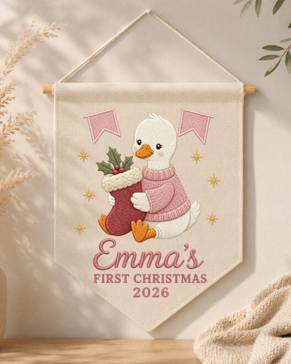 Personalized First Christmas Wall Hanging, Custom Name Embroidered Goose Banner, Baby Girl Christmas Nursery Decor, Newborn Keepsake Gift
