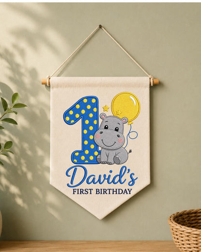 Personalized First Birthday Wall Hanging, Custom Name Embroidered Hippo Banner, 1st Birthday Party Decor, Baby Boy Birthday Keepsake Gift