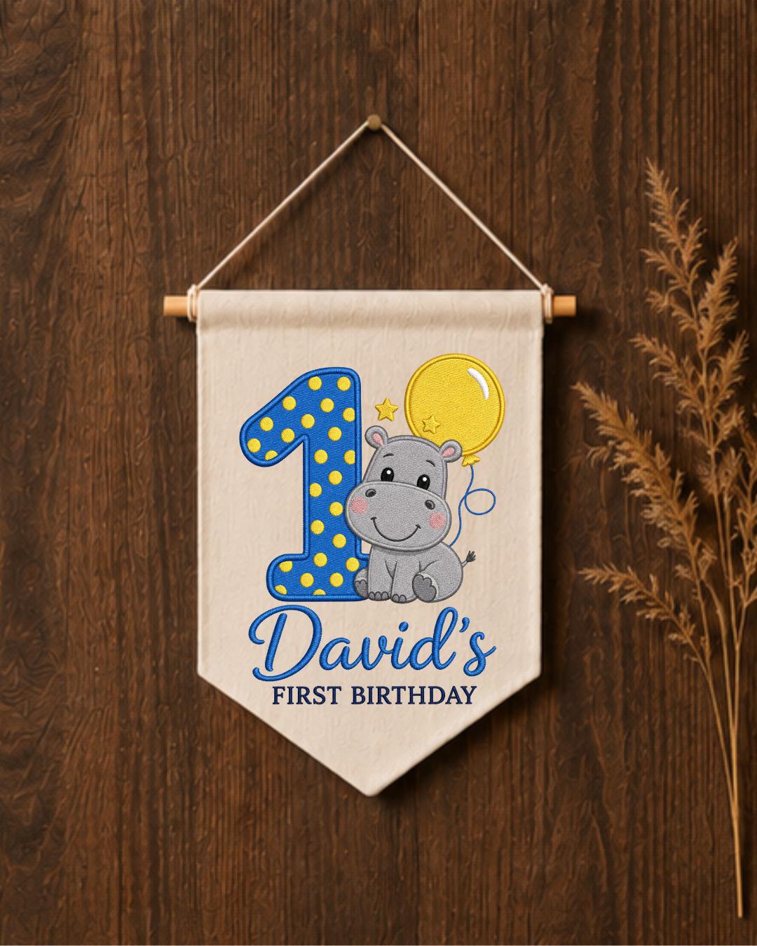 Personalized First Birthday Wall Hanging, Custom Name Embroidered Hippo Banner, 1st Birthday Party Decor, Baby Boy Birthday Keepsake Gift