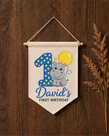 Personalized First Birthday Wall Hanging, Custom Name Embroidered Hippo Banner, 1st Birthday Party Decor, Baby Boy Birthday Keepsake Gift