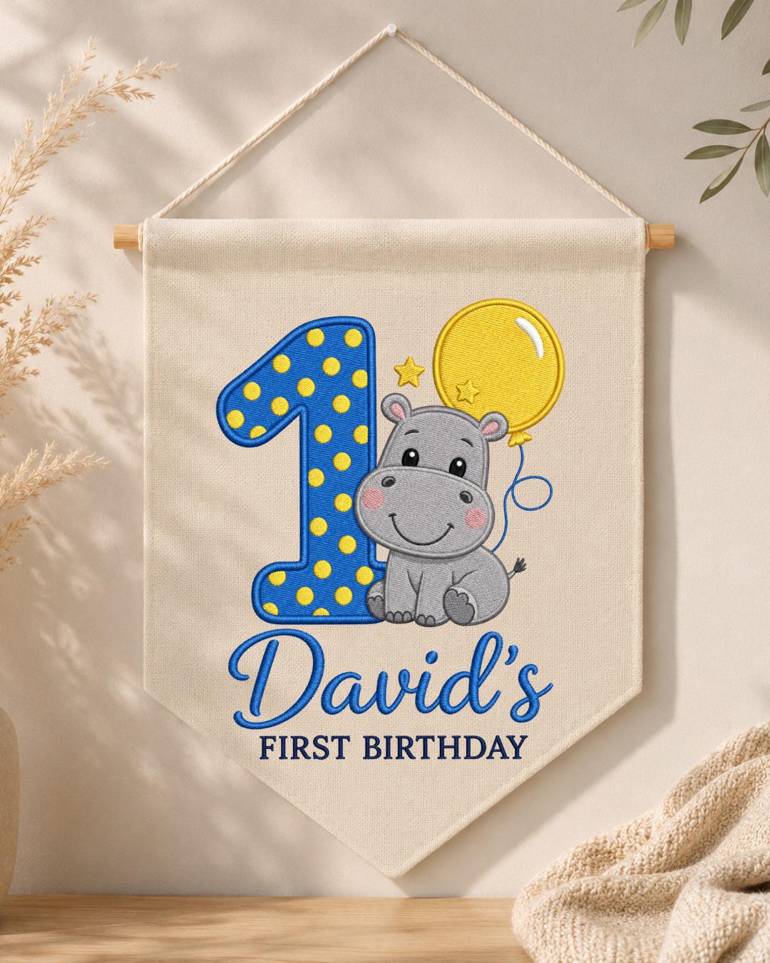 Personalized First Birthday Wall Hanging, Custom Name Embroidered Hippo Banner, 1st Birthday Party Decor, Baby Boy Birthday Keepsake Gift