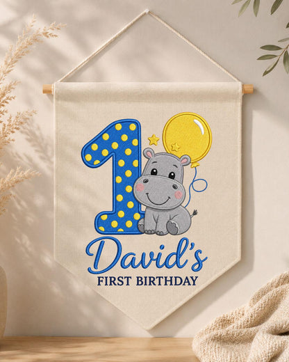 Personalized First Birthday Wall Hanging, Custom Name Embroidered Hippo Banner, 1st Birthday Party Decor, Baby Boy Birthday Keepsake Gift