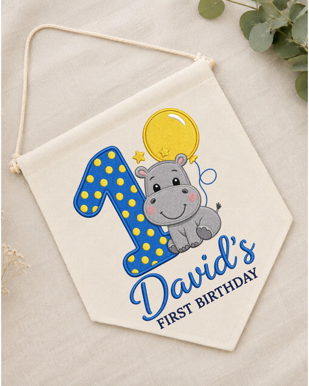 Personalized First Birthday Wall Hanging, Custom Name Embroidered Hippo Banner, 1st Birthday Party Decor, Baby Boy Birthday Keepsake Gift