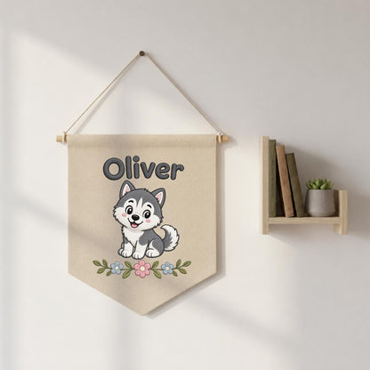 Personalized Embroidered Husky Banner, Custom Name Nursery Decor, Linen Wall Hanging