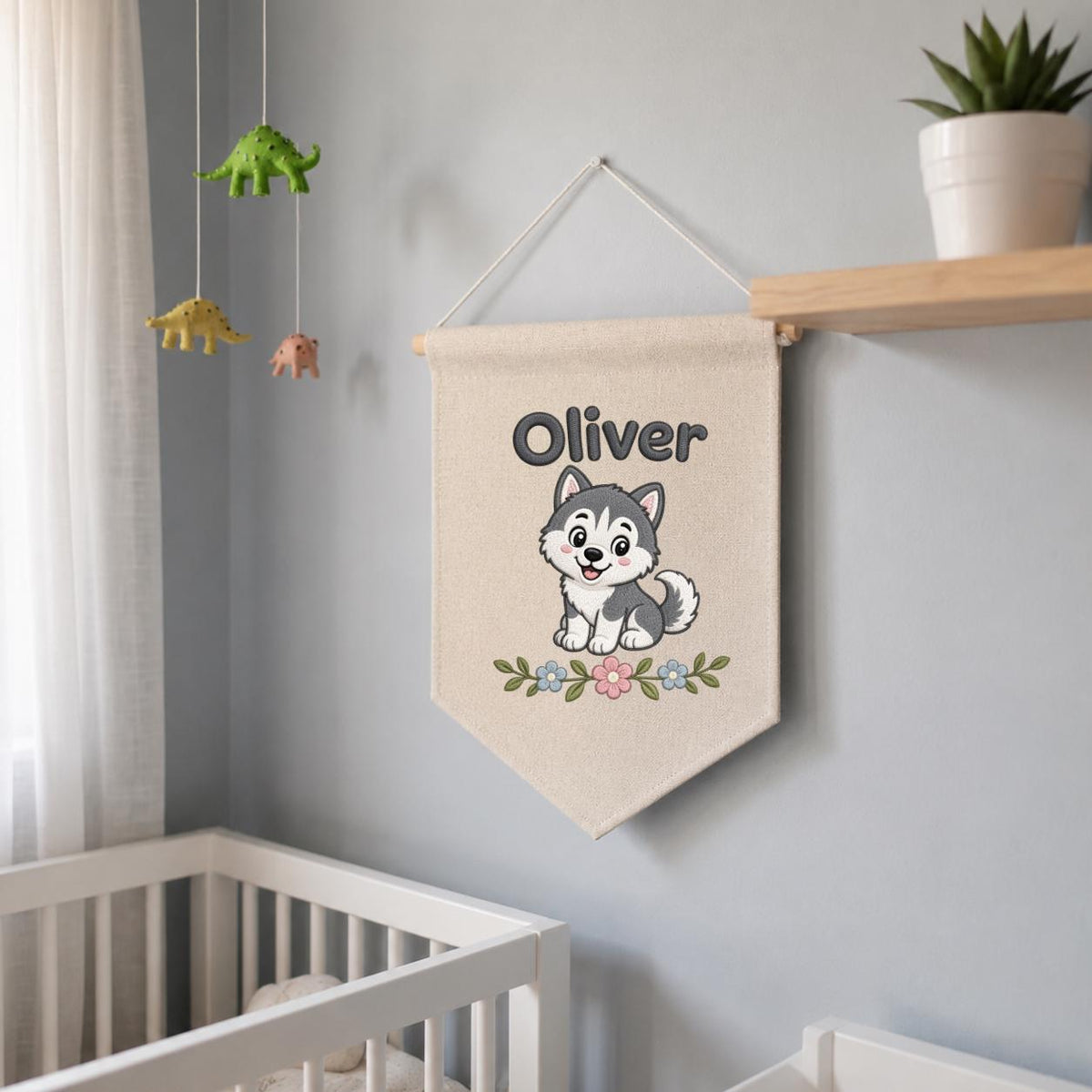 Personalized Embroidered Husky Banner, Custom Name Nursery Decor, Linen Wall Hanging