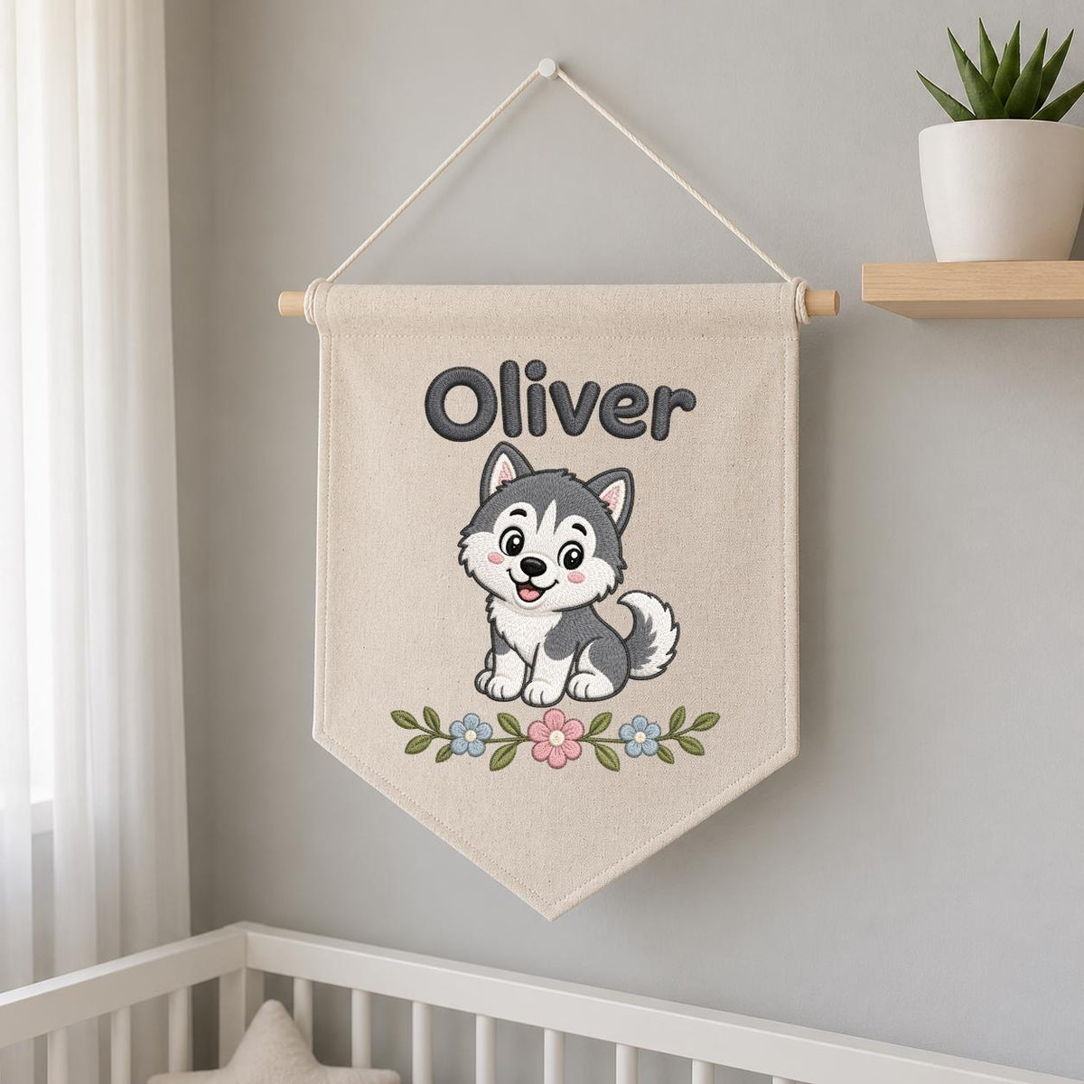 Personalized Embroidered Husky Banner, Custom Name Nursery Decor, Linen Wall Hanging