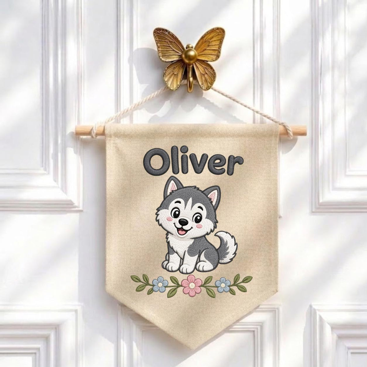 Personalized Embroidered Husky Banner, Custom Name Nursery Decor, Linen Wall Hanging