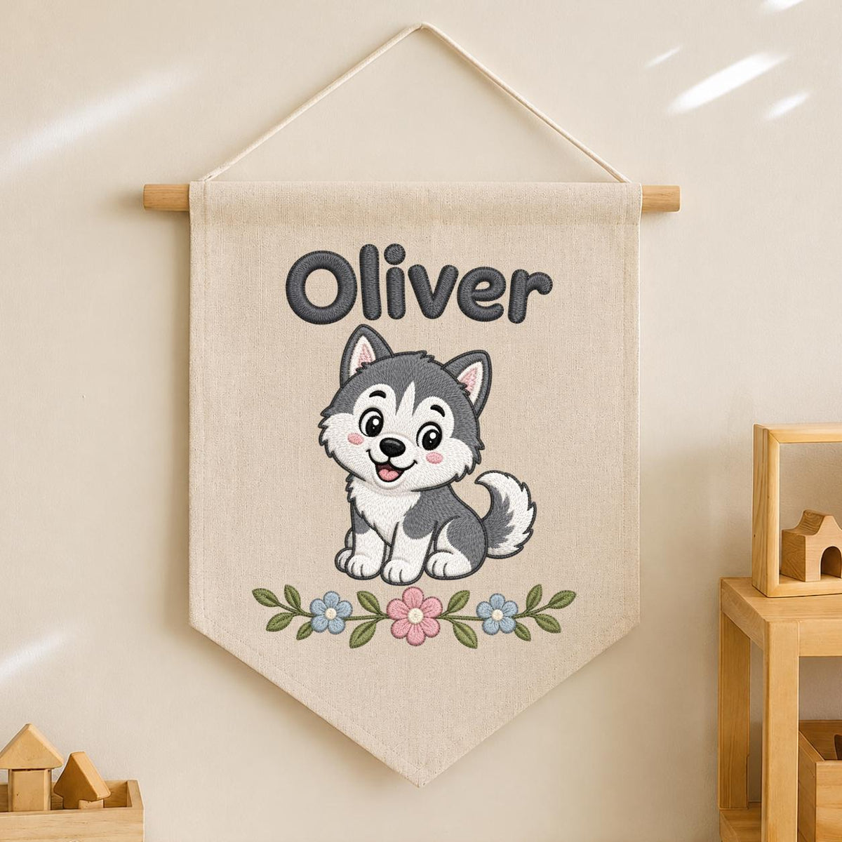 Personalized Embroidered Husky Banner, Custom Name Nursery Decor, Linen Wall Hanging