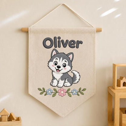 Personalized Embroidered Husky Banner, Custom Name Nursery Decor, Linen Wall Hanging