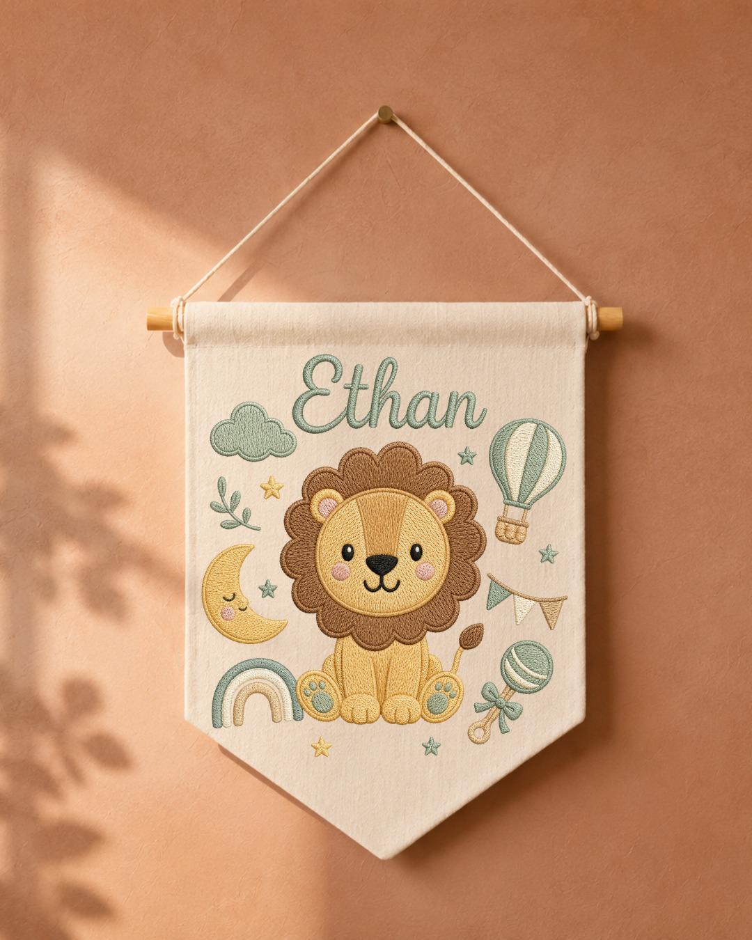 Personalized Lion Nursery Wall Hanging, Custom Name Embroidered Banner, Baby Boy Room Decor, Safari Nursery Art, Newborn Baby Shower Gift