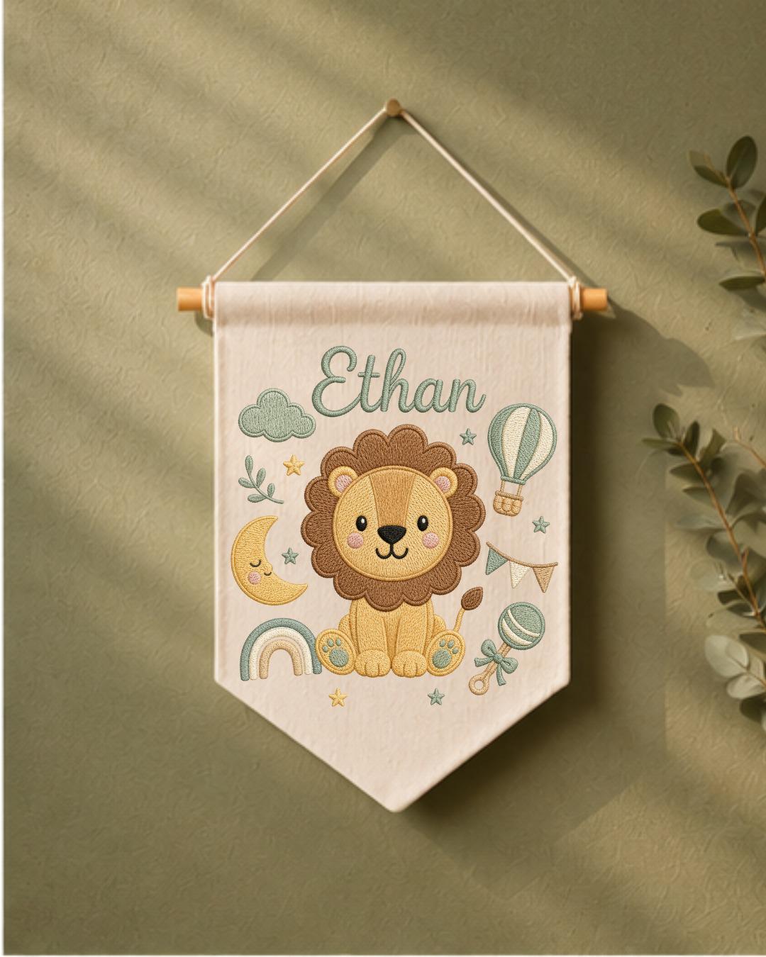 Personalized Lion Nursery Wall Hanging, Custom Name Embroidered Banner, Baby Boy Room Decor, Safari Nursery Art, Newborn Baby Shower Gift