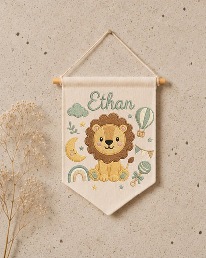 Personalized Lion Nursery Wall Hanging, Custom Name Embroidered Banner, Baby Boy Room Decor, Safari Nursery Art, Newborn Baby Shower Gift