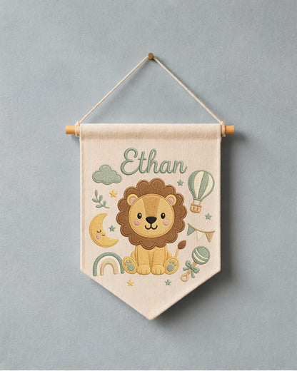Personalized Lion Nursery Wall Hanging, Custom Name Embroidered Banner, Baby Boy Room Decor, Safari Nursery Art, Newborn Baby Shower Gift