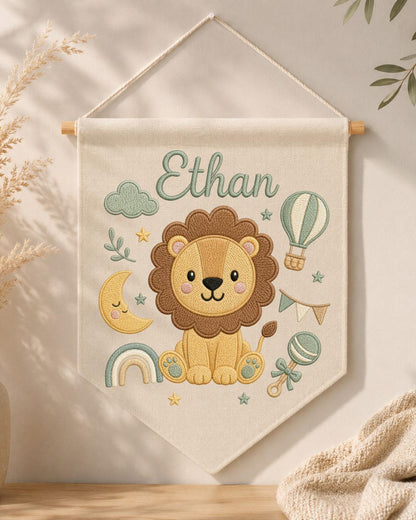 Personalized Lion Nursery Wall Hanging, Custom Name Embroidered Banner, Baby Boy Room Decor, Safari Nursery Art, Newborn Baby Shower Gift
