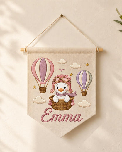 Personalized Hot Air Balloon Goose Wall Hanging, Custom Name Embroidered Nursery Banner, Baby Girl Room Decor, Adventure Nursery Gift