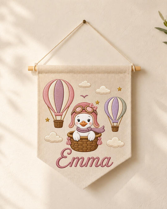 Personalized Hot Air Balloon Goose Wall Hanging, Custom Name Embroidered Nursery Banner, Baby Girl Room Decor, Adventure Nursery Gift