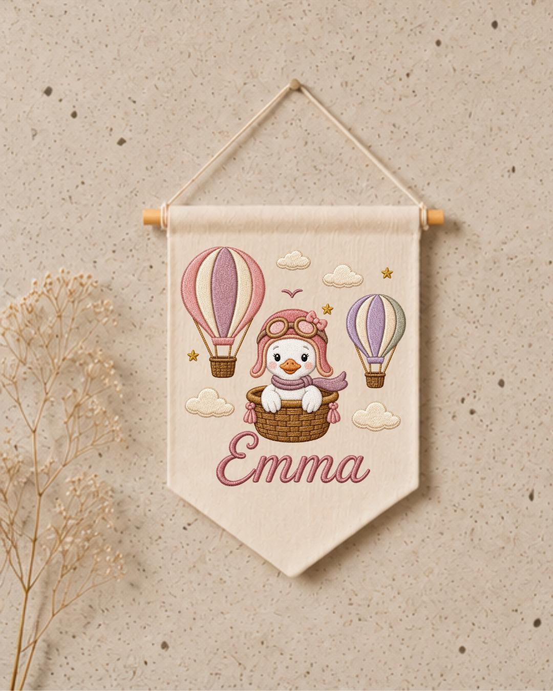 Personalized Hot Air Balloon Goose Wall Hanging, Custom Name Embroidered Nursery Banner, Baby Girl Room Decor, Adventure Nursery Gift