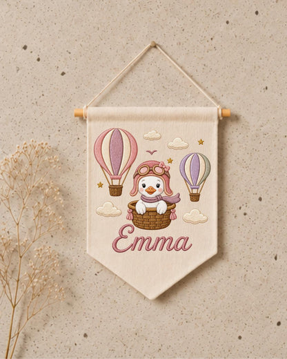 Personalized Hot Air Balloon Goose Wall Hanging, Custom Name Embroidered Nursery Banner, Baby Girl Room Decor, Adventure Nursery Gift