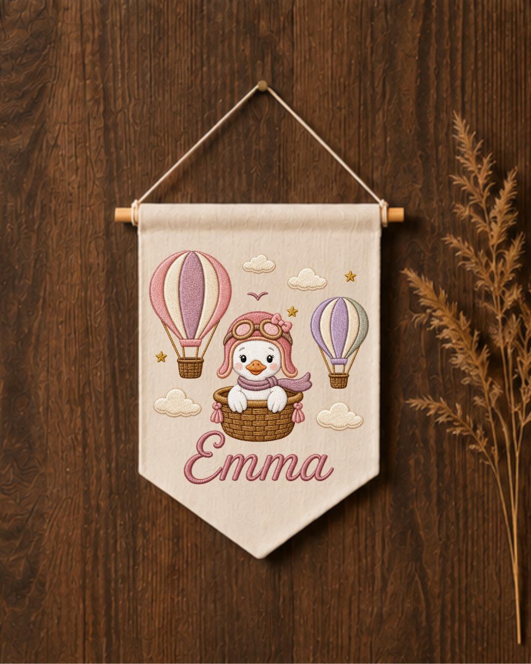 Personalized Hot Air Balloon Goose Wall Hanging, Custom Name Embroidered Nursery Banner, Baby Girl Room Decor, Adventure Nursery Gift