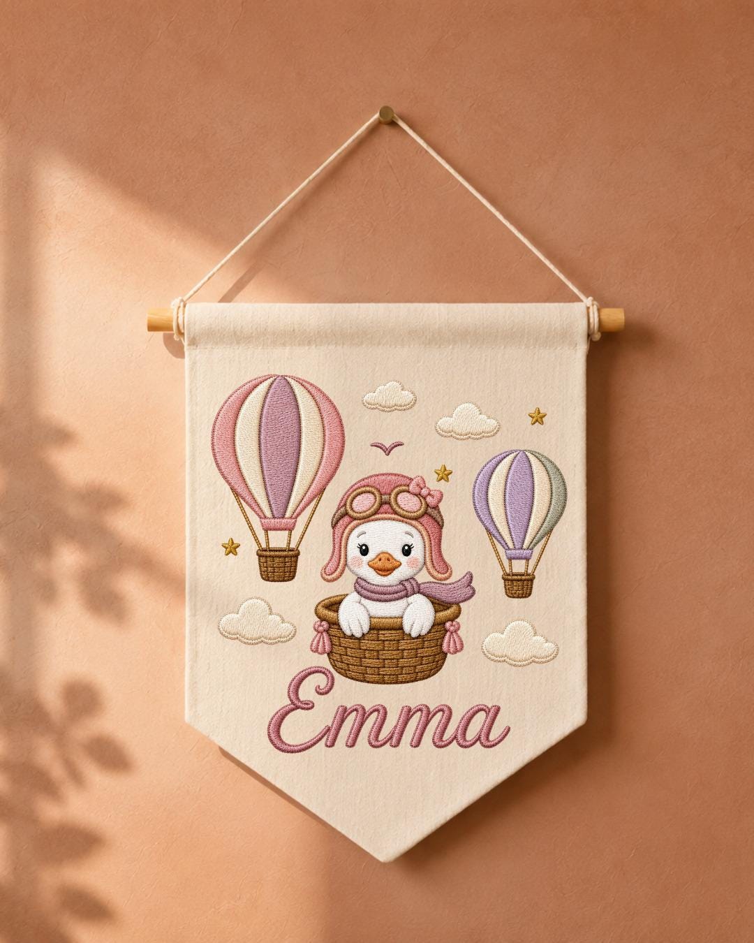 Personalized Hot Air Balloon Goose Wall Hanging, Custom Name Embroidered Nursery Banner, Baby Girl Room Decor, Adventure Nursery Gift