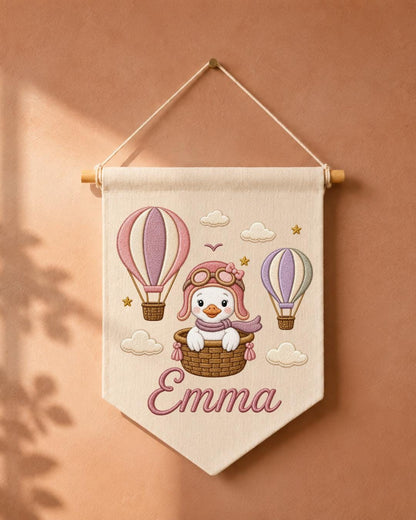 Personalized Hot Air Balloon Goose Wall Hanging, Custom Name Embroidered Nursery Banner, Baby Girl Room Decor, Adventure Nursery Gift