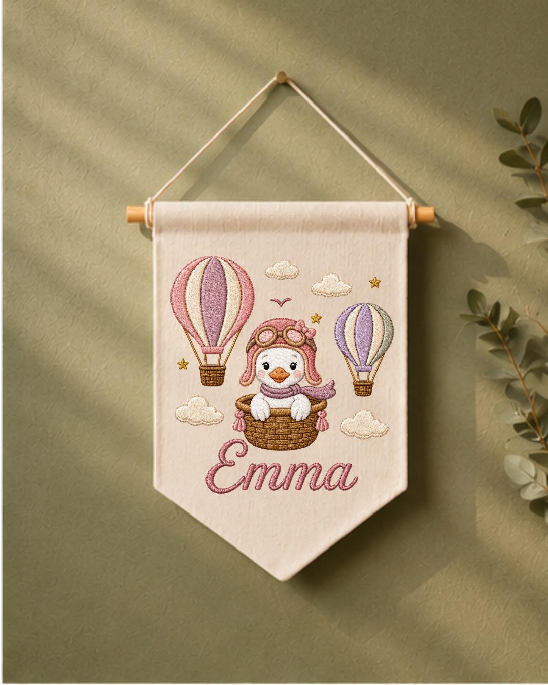Personalized Hot Air Balloon Goose Wall Hanging, Custom Name Embroidered Nursery Banner, Baby Girl Room Decor, Adventure Nursery Gift