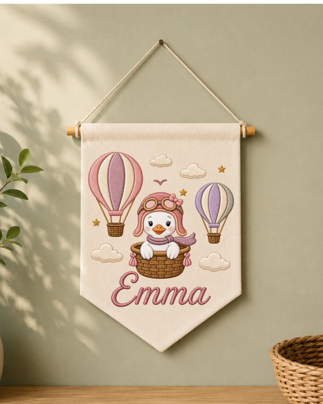 Personalized Hot Air Balloon Goose Wall Hanging, Custom Name Embroidered Nursery Banner, Baby Girl Room Decor, Adventure Nursery Gift
