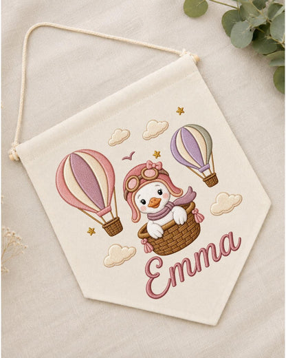 Personalized Hot Air Balloon Goose Wall Hanging, Custom Name Embroidered Nursery Banner, Baby Girl Room Decor, Adventure Nursery Gift