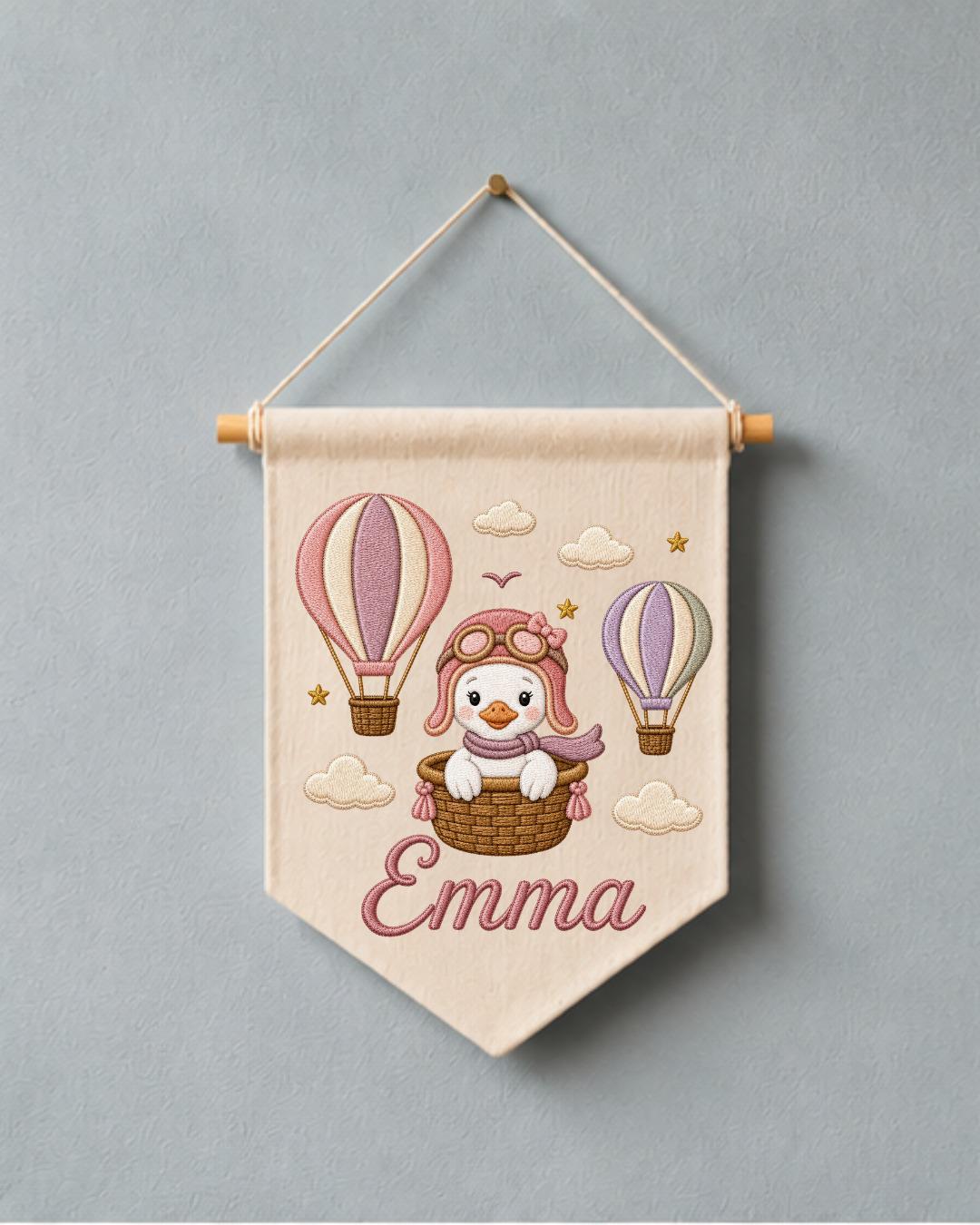Personalized Hot Air Balloon Goose Wall Hanging, Custom Name Embroidered Nursery Banner, Baby Girl Room Decor, Adventure Nursery Gift