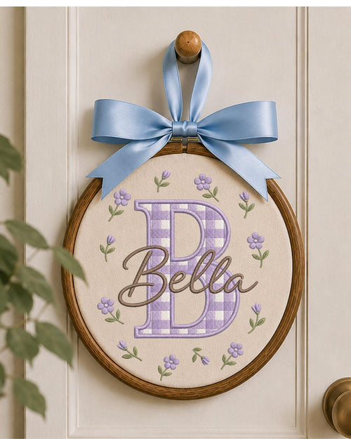 Personalized Initial Embroidery Hoop, Custom Baby Name Ornament, Gingham Monogram Nursery Decor, Floral Baby Girl Wall Art, Newborn Gift