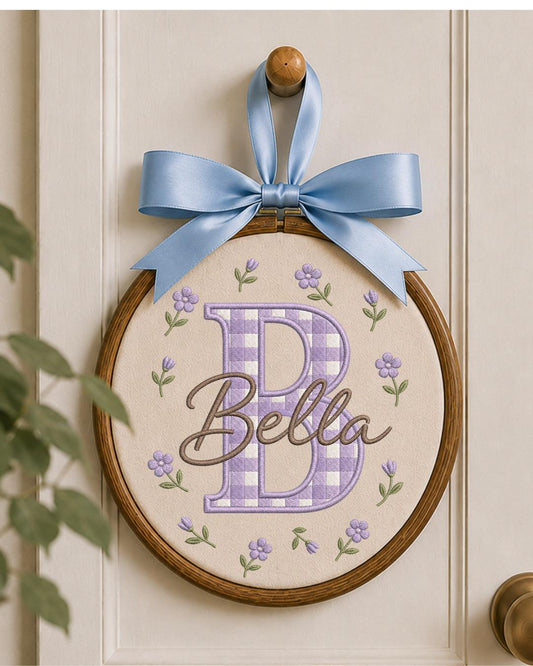 Personalized Initial Embroidery Hoop, Custom Baby Name Ornament, Gingham Monogram Nursery Decor, Floral Baby Girl Wall Art, Newborn Gift