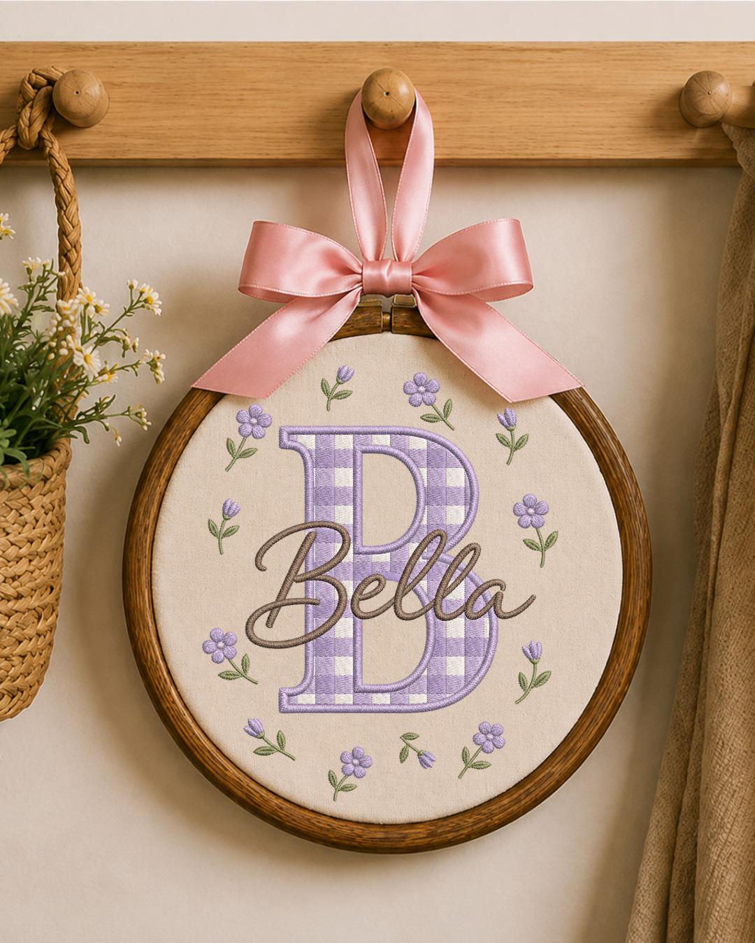 Personalized Initial Embroidery Hoop, Custom Baby Name Ornament, Gingham Monogram Nursery Decor, Floral Baby Girl Wall Art, Newborn Gift