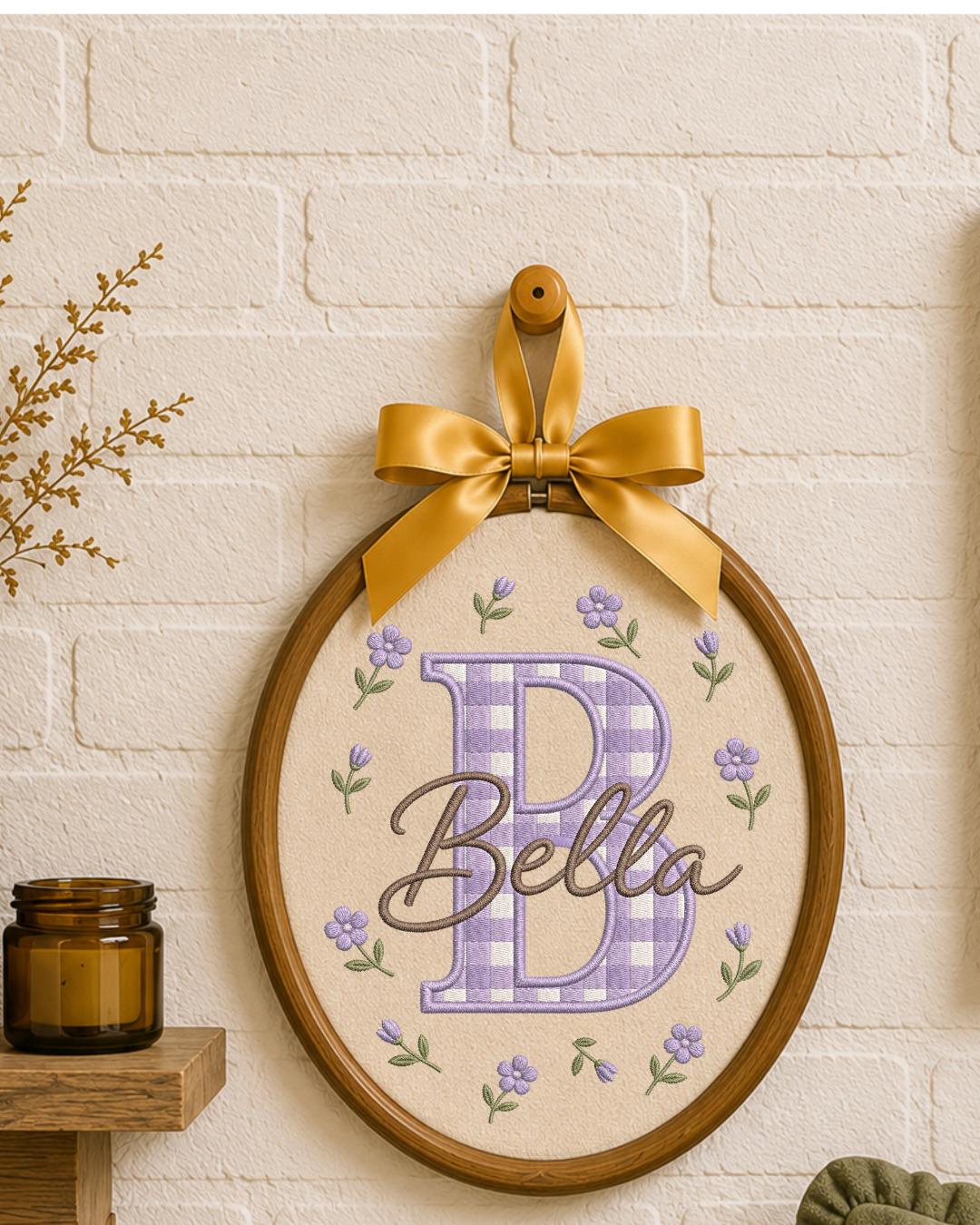 Personalized Initial Embroidery Hoop, Custom Baby Name Ornament, Gingham Monogram Nursery Decor, Floral Baby Girl Wall Art, Newborn Gift