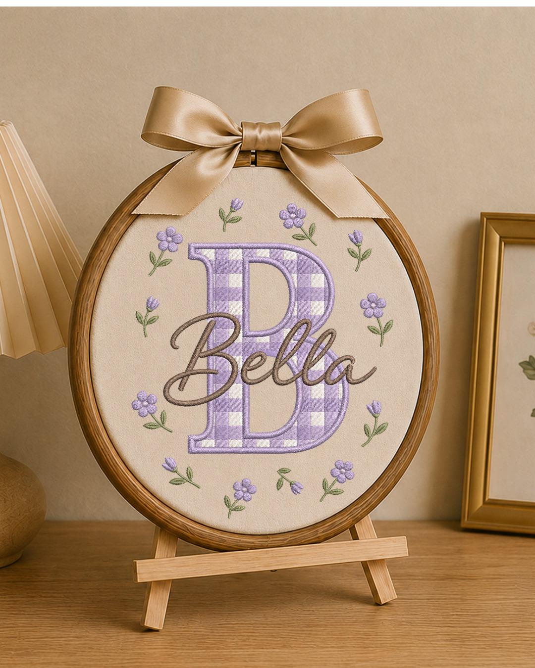 Personalized Initial Embroidery Hoop, Custom Baby Name Ornament, Gingham Monogram Nursery Decor, Floral Baby Girl Wall Art, Newborn Gift