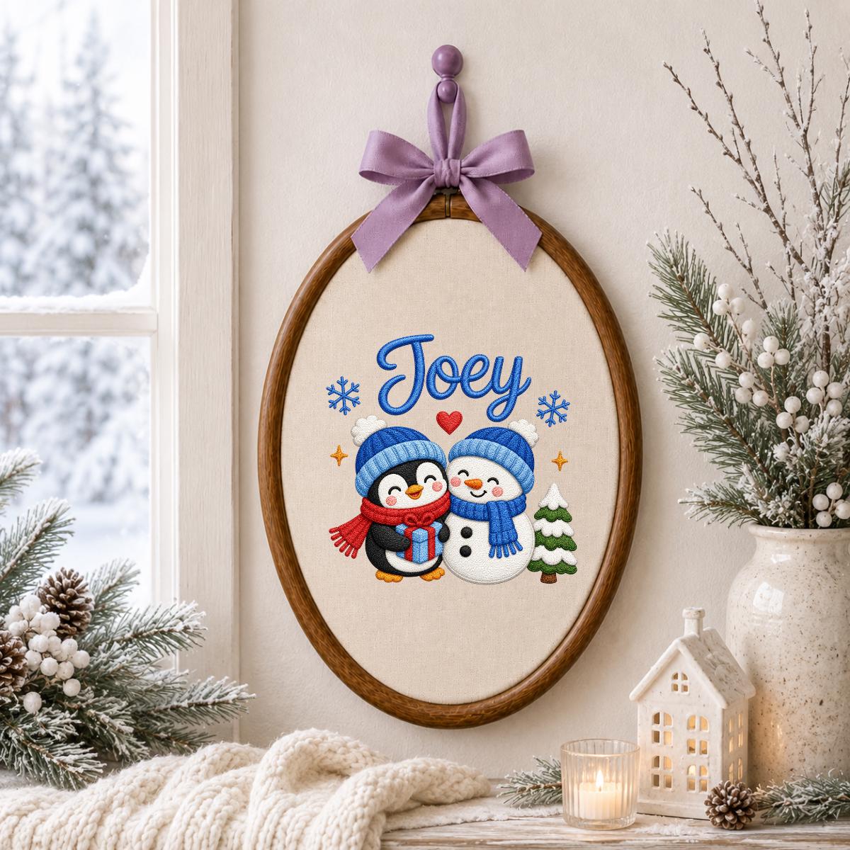 Custom Embroidered Oval Hoop Art, Penguin Snowman Christmas Nursery Wall Hanging