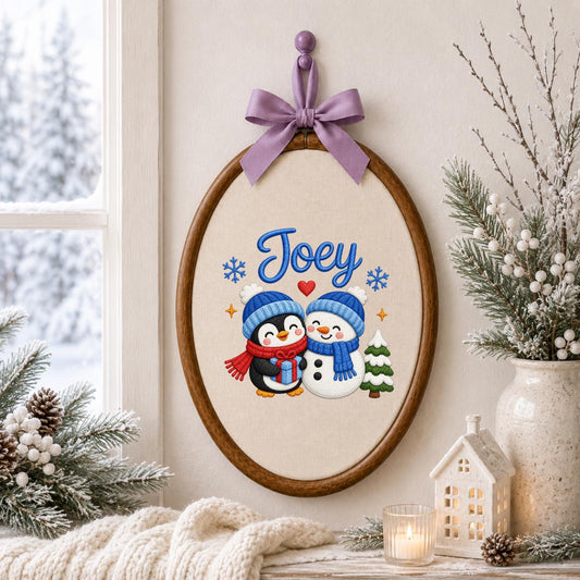Custom Embroidered Oval Hoop Art, Penguin Snowman Christmas Nursery Wall Hanging