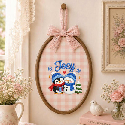 Custom Embroidered Oval Hoop Art, Penguin Snowman Christmas Nursery Wall Hanging